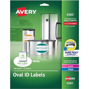 Avery Easy Peel Oval ID Labels, Sure Feed, Print to Edge, Perm Adhesive, 1.5" x 2.5", 270 Ct (6583)