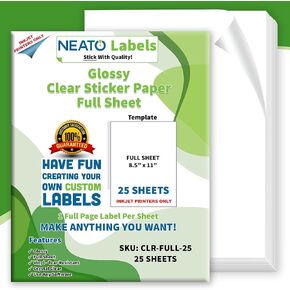 Clear Transparent Sticker Paper 25 Sheets - Glossy Full Sheet Vinyl Labels for Inkjet Printers (8.5" x 11") - Tear-Resistant, Strong Adhesive, Weather Resistant - DIY & Craft Projects Labels