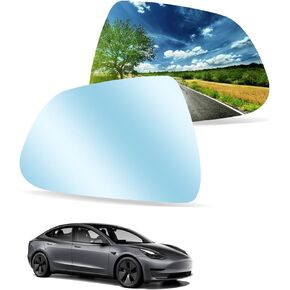 2Pcs Wide Angle Side Mirror Glass Fit for Tesla Model 3 2017-2023, Anti Glare Heat Defogging Blue Glass Lens, Rear View Heated Mirror Glass with Backing Plate, Left Driver & Right Passenger Side