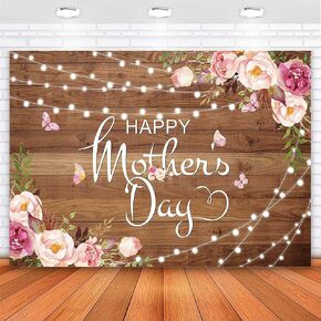 Avezano Happy Mother's Day Backdrop Rustic Flower Lighting Mothers Day Backdrop Mother Day Pink Blush Flower Butterfly Mother Day Party Decorations Photoshoot Props (7x5ft)