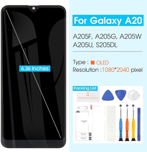OLED Screen Replacement for Samsung Galaxy A20, LCD Display for A205 SM-A205FN A205F/DS A205M A205GN/DS Touch Screen Digitizer Full Assembly with Repair Kits(Black,6.36 inch) in Saudi Arabia