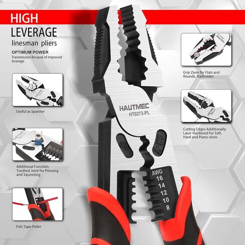 HAUTMEC 9" Linesman Pliers,High Leverage Combination Pliers 4 in 1 Multifunctional Heavy Duty Lineman Tools HT0273-PL in Saudi Arabia
