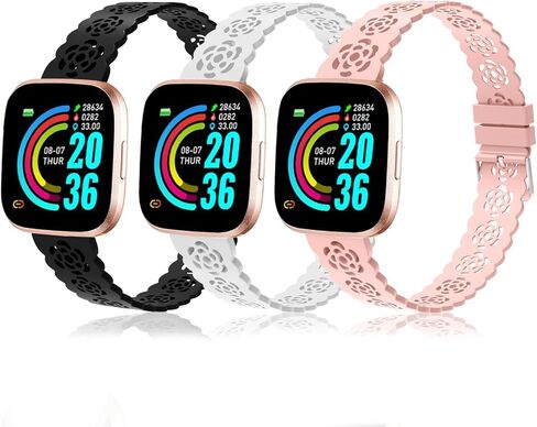 3 Pack Lace Silicone Bands Compatible for Fitbit Versa 2/ Versa/Versa Lite/SE, Rose Hollowed Sport Band Soft Wristband Replacement Strap for Fitbit Versa Smartwatch Accessories Women Men in Saudi Arabia