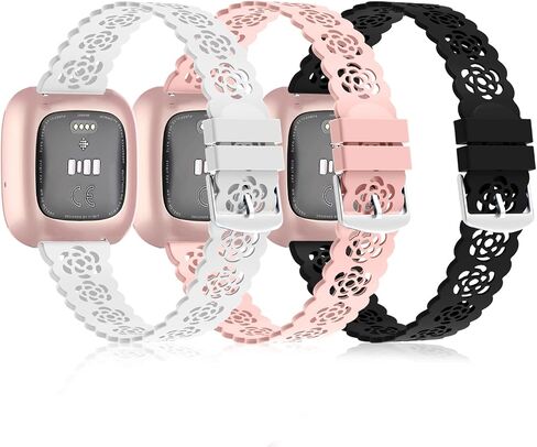 3 Pack Lace Silicone Bands Compatible for Fitbit Versa 2/ Versa/Versa Lite/SE, Rose Hollowed Sport Band Soft Wristband Replacement Strap for Fitbit Versa Smartwatch Accessories Women Men in Saudi Arabia