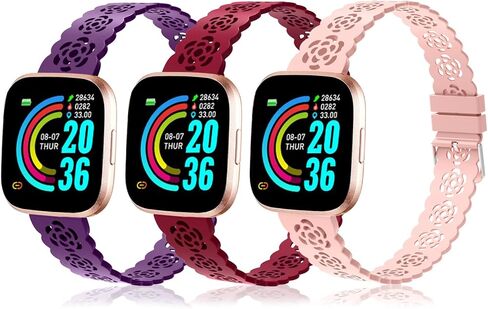 3 عبوات من أربطة السيليكون المصنوعة من الدانتيل المتوافقة مع Fitbit Versa 2/ Versa/Versa Lite/SE، سوار رياضي مجوف وردي، حزام بديل ناعم لملحقات الساعة الذكية Fitbit Versa للنساء والرجال in Kuwait