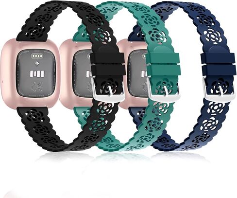 3 Pack Lace Silicone Bands Compatible for Fitbit Versa 2/ Versa/Versa Lite/SE, Rose Hollowed Sport Band Soft Wristband Replacement Strap for Fitbit Versa Smartwatch Accessories Women Men in Saudi Arabia