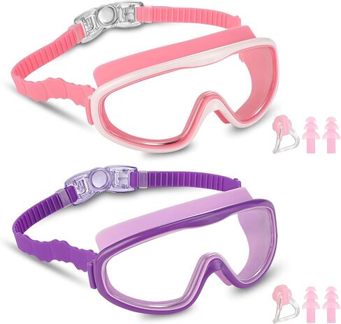 Kids Swim Goggles 2 Pack Anti Fog Wide Vision Swimming Goggles for Kids Age 3-12 with Nose Clips+Ear Plugs, No Leaking in Saudi Arabia