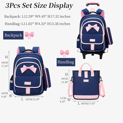 MITOWERMI حقيبة ظهر متدحرجة للفتيات 3 قطع حقيبة مدرسية ابتدائية حقيبة ظهر لطيفة على شكل فيونكة مع عجلات حقائب كتب للفتيات مع حقيبة يد وحقائب ترولي للأطفال وحقائب حمل in Kuwait