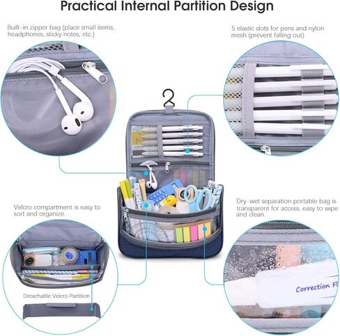 Aiscool Big Capacity Pen Pencil Case Holder Bag Pen Organizer Pouch Stationery Box Oxford Cloth Dry-wet Separation Portable Travel Hanging Bag Toiletry Bag for School Home Office (Blue) in Kuwait