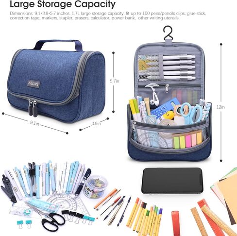 Aiscool Big Capacity Pen Pencil Case Holder Bag Pen Organizer Pouch Stationery Box Oxford Cloth Dry-wet Separation Portable Travel Hanging Bag Toiletry Bag for School Home Office (Blue) in Kuwait