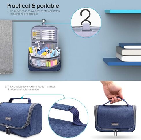 Aiscool Big Capacity Pen Pencil Case Holder Bag Pen Organizer Pouch Stationery Box Oxford Cloth Dry-wet Separation Portable Travel Hanging Bag Toiletry Bag for School Home Office (Blue) in Kuwait
