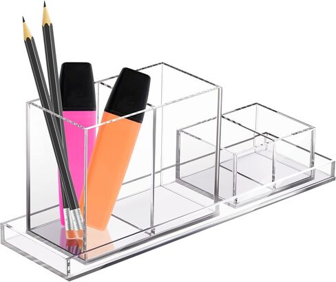 Clear Acrylic Makeup Brush Organizer with Neon Pink Base, 4 Sectional Office Desk Organizer, Makeup Brushes Bathroom Accessories Holder, Pen Holder for School Supplies & Dorm Room Essentials in Kuwait