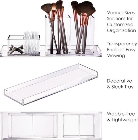 Clear Acrylic Makeup Brush Organizer with Neon Pink Base, 4 Sectional Office Desk Organizer, Makeup Brushes Bathroom Accessories Holder, Pen Holder for School Supplies & Dorm Room Essentials in Kuwait