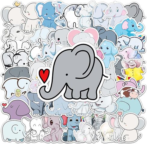 50 قطعة من ملصقات الفيل الجمالية لزجاجة المياه، ملصقات مقاومة للماء من الفينيل الكرتونية اللطيفة لأجهزة الكمبيوتر المحمول، سجل القصاصات، هاتف الدراجة، ملصقات هدايا ديكور الفيل in Kuwait