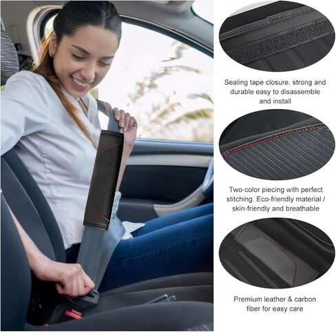 Ziciner قطعتان من غطاء حزام مقعد السيارة، وسائد حزام أمان من الجلد الناعم من ألياف الكربون وحزام الكتف، وسادة حزام مسامية تساعد على حماية رقبتك وأكتافك، عالمية للسيارة والشاحنات وسيارات الدفع الرباعي (أسود) in Kuwait