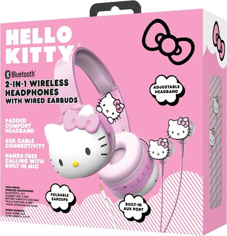 Hello Kitty 2-in-1 Wireless Bluetooth Headphones with Wired Earbuds – Foldable Over-Ear Headset with Built-in Mic, AUX Cable, Adjustable Headband, and Onboard Controls – Kuromi in Kuwait