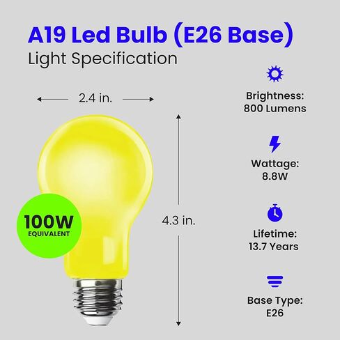 مصباح LED خارجي A19 من Feit Electric، ما يعادل 60 واط، لمبة إضاءة LED غير خافتة، قاعدة متوسطة E26، 120 فولت، عمر 22 عامًا، أصفر، حزمة من 1، A19/BUG/LED/BX in Kuwait
