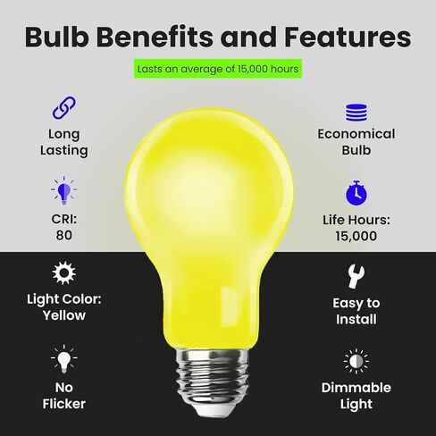 مصباح LED خارجي A19 من Feit Electric، ما يعادل 60 واط، لمبة إضاءة LED غير خافتة، قاعدة متوسطة E26، 120 فولت، عمر 22 عامًا، أصفر، حزمة من 1، A19/BUG/LED/BX in Kuwait