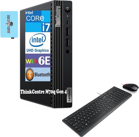 كمبيوتر مكتبي صغير Lenovo ThinkCentre M70q Gen 4 (16-Core Intel i7-13700T، ذاكرة الوصول العشوائي 32 جيجابايت، 1 تيرابايت PCIe SSD، Intel UHD 770، WiFi 6، Bluetooth 5.3، Win 11 Pro) مع لوحة مفاتيح وماوس ومنفذ USB DKZ Hub in Saudi Arabia