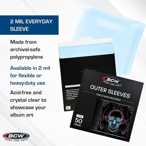أكمام قياسية من بي سي دبليو 4 مل (12 بوصة) - 50 قيراط | واقيات ألبوم فينيل بولي بروبيلين شفافة لمدة 33 1/3 دورة في الدقيقة | جودة أرشيفية، خالية من الأحماض | أكمام خارجية ممتازة لتخزين مجموعة الفينيل الخاصة بك in Kuwait