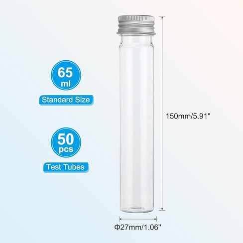 PATIKIL 65ml Test Tubes, 80pcs 5.91x0.98" Plastic Clear Flat Bottom Test Tube Containers with Caps for Bead Party Candy Bath Salt Storage Scientific Experiment Plant Propagation, Silver in Saudi Arabia