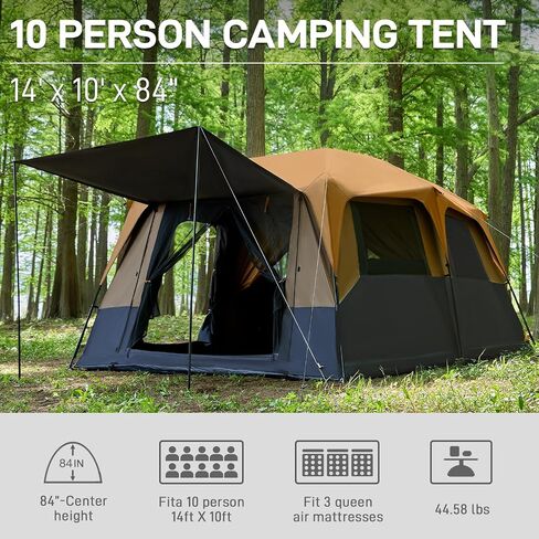 EVER ADVANCED 10 Person Camping Blackout Tent, Multi Room Tent for Family, Portable Family Cabin Tent for Outdoor Large Tents with Rainfly and Carry Bag, 2 Doors, Water-Resistant, 14ft x 10ft x 84in in Saudi Arabia