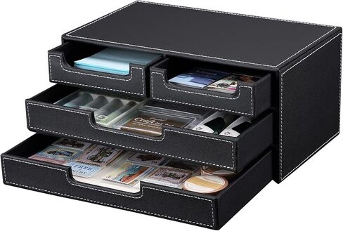 منظم مكتب من الجلد الصناعي من KINGFOM مع 4 أدراج صغيرة، درج منظم لسطح المكتب لملحقات اللوازم المكتبية، صندوق تخزين القرطاسية، حامل مجموعة الفواتير باللون الأسود in Kuwait
