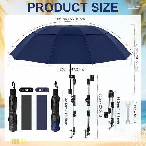 2 Pcs Double Canopy Beach Umbrella with Adjustable Clamp Portable Sun Umbrella with UV Protection Stroller Umbrella for Chair Camping Golf Cart Stroller Bleacher Patio Fishing BBQ Parties in Kuwait
