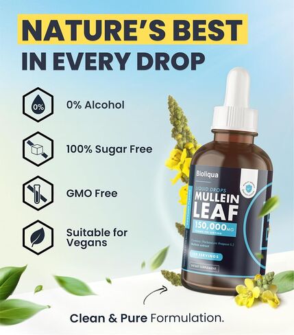 Balance Mullein Leaf Liquid Drops - 60ml 2 Month Supply 6000mg per Bottle - Sublingual Fast Absorption - GMO Free - Premium Quality - Made in UK in Saudi Arabia