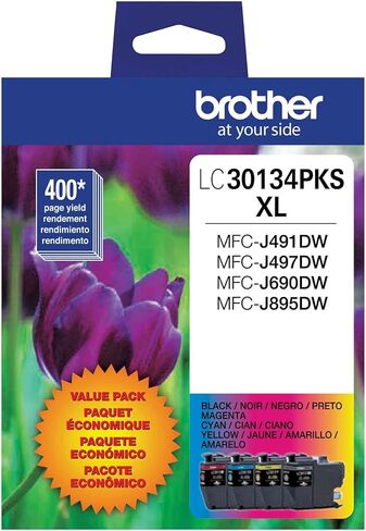 خراطيش حبر ملونة أصلية من Brother LC30134PKS مكونة من 4 عبوات، سعة صفحة تصل إلى 400 صفحة/خرطوشة، تتضمن الأسود والسماوي والأرجواني والأصفر، LC3013 in Kuwait