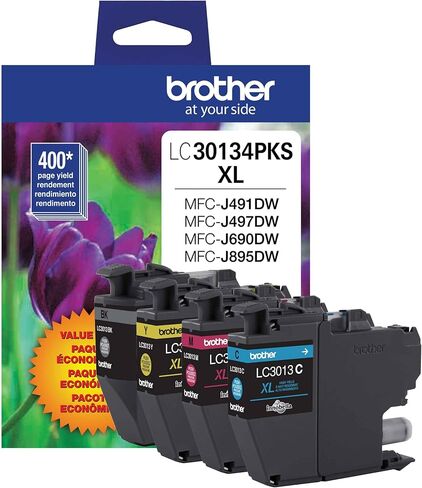 خراطيش حبر ملونة أصلية من Brother LC30134PKS مكونة من 4 عبوات، سعة صفحة تصل إلى 400 صفحة/خرطوشة، تتضمن الأسود والسماوي والأرجواني والأصفر، LC3013 in Kuwait