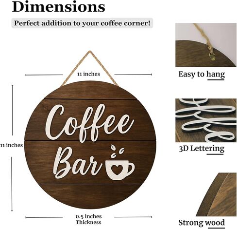 لافتات بار القهوة ثلاثية الأبعاد للجدار - لافتات قهوة المزرعة الحديثة مقاس 12 بوصة لمحطة القهوة، ملحقات بار القهوة في زاوية المطبخ ديكور للمنزل، هدايا علامة القهوة الخشبية الريفية، مستديرة، أسود in Kuwait
