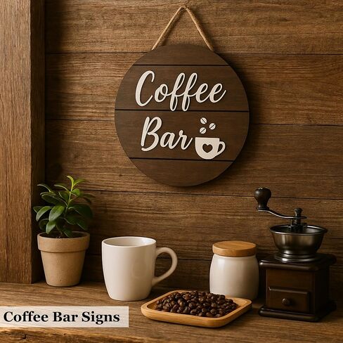 لافتات بار القهوة ثلاثية الأبعاد للجدار - لافتات قهوة المزرعة الحديثة مقاس 12 بوصة لمحطة القهوة، ملحقات بار القهوة في زاوية المطبخ ديكور للمنزل، هدايا علامة القهوة الخشبية الريفية، مستديرة، أسود in Kuwait
