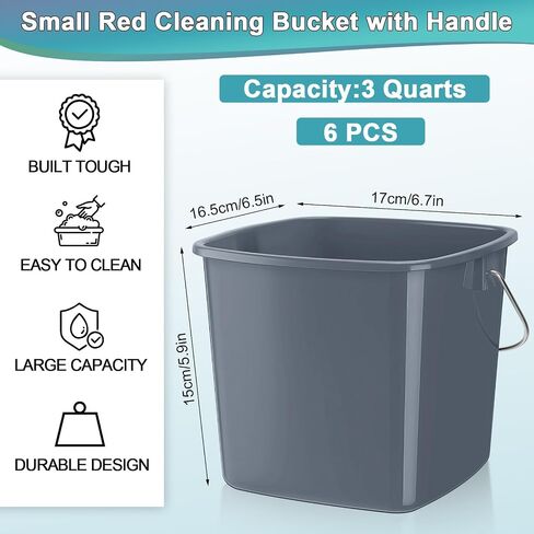 Zhehao 6 قطع 3 كوارت دلو تنظيف صغير أحمر المنظفات مربع دلو تعقيم دلو بلاستيكي مع مقابض دلاء مربعة تنظيف دلو للمنزل والمكاتب والمدرسة والاستخدام التجاري وخدمة الطعام in Saudi Arabia