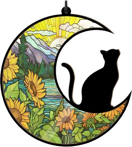 WGLILO Black Cat on Moon Stained Acrylic Window Hanging, Handcrafted Rainbow Suncatchers for Wall Kitchen Living Room Office, Suncatcher Decoration Gifts for Cat Lover Women Christmas, 6.4 inch in Saudi Arabia