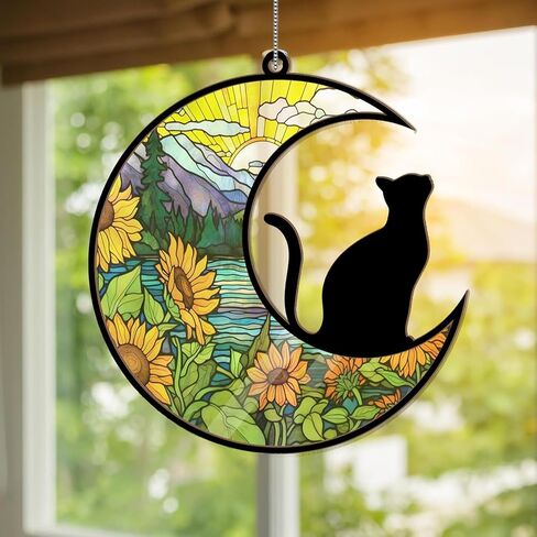 WGLILO Black Cat on Moon Stained Acrylic Window Hanging, Handcrafted Rainbow Suncatchers for Wall Kitchen Living Room Office, Suncatcher Decoration Gifts for Cat Lover Women Christmas, 6.4 inch in Saudi Arabia