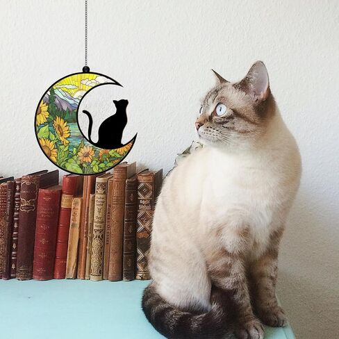 WGLILO Black Cat on Moon Stained Acrylic Window Hanging, Handcrafted Rainbow Suncatchers for Wall Kitchen Living Room Office, Suncatcher Decoration Gifts for Cat Lover Women Christmas, 6.4 inch in Saudi Arabia