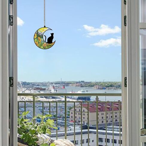 WGLILO Black Cat on Moon Stained Acrylic Window Hanging, Handcrafted Rainbow Suncatchers for Wall Kitchen Living Room Office, Suncatcher Decoration Gifts for Cat Lover Women Christmas, 6.4 inch in Saudi Arabia