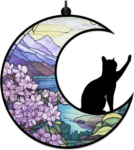 WGLILO Black Cat on Moon Stained Acrylic Window Hanging, Handcrafted Rainbow Suncatchers for Wall Kitchen Living Room Office, Suncatcher Decoration Gifts for Cat Lover Women Christmas, 6.4 inch in Saudi Arabia