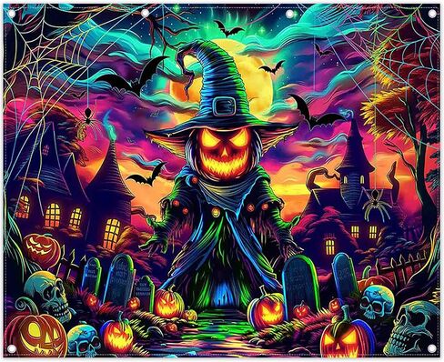ZTHMOE Fabric 7x5ft Colorful Halloween Pumpkin Photography Backdrop Scary Moon Skull Graveyard Background Spooky Party Decorations Photo Booth Banner in Saudi Arabia