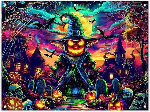 ZTHMOE Fabric 7x5ft Colorful Halloween Pumpkin Photography Backdrop Scary Moon Skull Graveyard Background Spooky Party Decorations Photo Booth Banner in Saudi Arabia