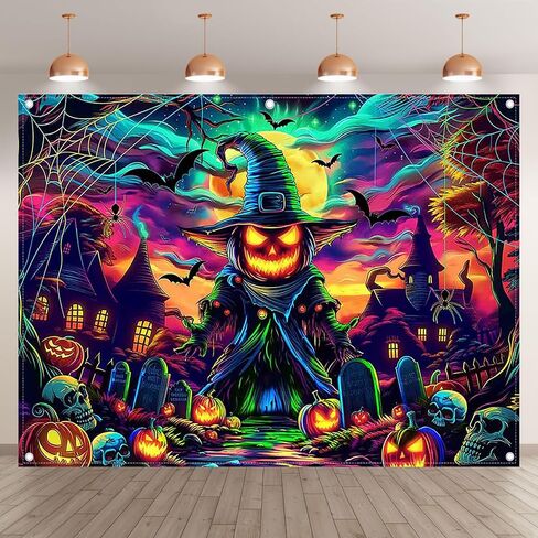 ZTHMOE Fabric 7x5ft Colorful Halloween Pumpkin Photography Backdrop Scary Moon Skull Graveyard Background Spooky Party Decorations Photo Booth Banner in Saudi Arabia