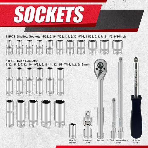 46pcs 3/8" Socket Set, Drive Impact Socket Set, SAE/Metric, Deep & Shallow, Cr-V Steel, 6 Point and 12 Point Sockets with 72-Teeth Reversible Ratchet in Kuwait