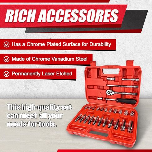 46pcs 3/8" Socket Set, Drive Impact Socket Set, SAE/Metric, Deep & Shallow, Cr-V Steel, 6 Point and 12 Point Sockets with 72-Teeth Reversible Ratchet in Kuwait