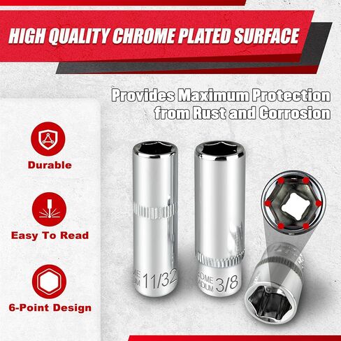 46pcs 3/8" Socket Set, Drive Impact Socket Set, SAE/Metric, Deep & Shallow, Cr-V Steel, 6 Point and 12 Point Sockets with 72-Teeth Reversible Ratchet in Kuwait