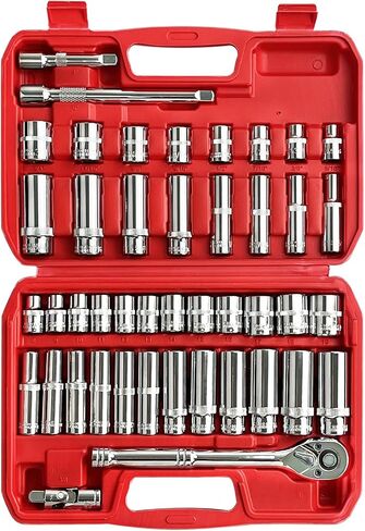 طقم مقابس 3/8 بوصة، 46 قطعة، طقم مقابس محرك، SAE/متري، عميق وضحل، فولاذ Cr-V، مقابس 6 نقاط و12 نقطة مع سقاطة ذات 72 سنًا قابلة للعكس in Kuwait