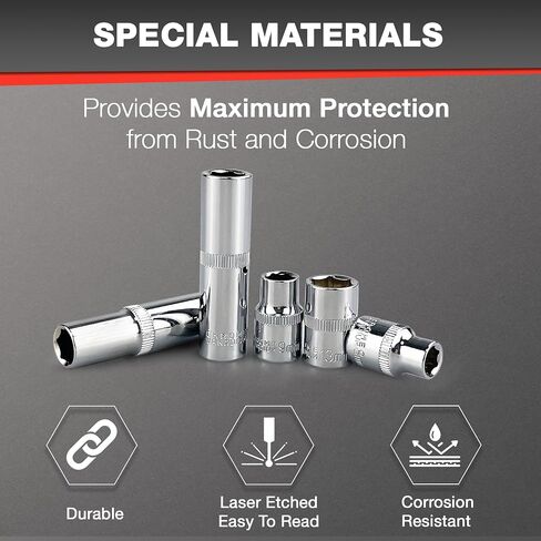 طقم مقابس 3/8 بوصة، 46 قطعة، طقم مقابس محرك، SAE/متري، عميق وضحل، فولاذ Cr-V، مقابس 6 نقاط و12 نقطة مع سقاطة ذات 72 سنًا قابلة للعكس in Kuwait