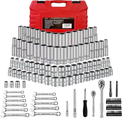 46pcs 3/8" Socket Set, Drive Impact Socket Set, SAE/Metric, Deep & Shallow, Cr-V Steel, 6 Point and 12 Point Sockets with 72-Teeth Reversible Ratchet in Kuwait