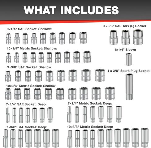 46pcs 3/8" Socket Set, Drive Impact Socket Set, SAE/Metric, Deep & Shallow, Cr-V Steel, 6 Point and 12 Point Sockets with 72-Teeth Reversible Ratchet in Kuwait