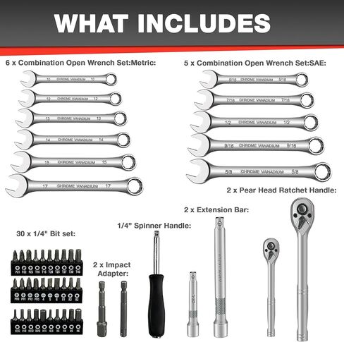 46pcs 3/8" Socket Set, Drive Impact Socket Set, SAE/Metric, Deep & Shallow, Cr-V Steel, 6 Point and 12 Point Sockets with 72-Teeth Reversible Ratchet in Kuwait